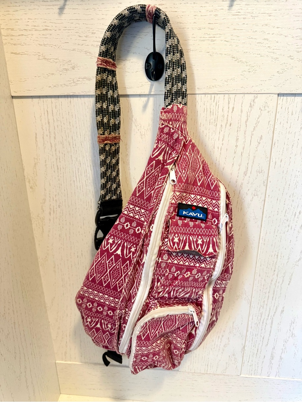 Kavu red Aztec print Crossbody Sling Bag with Black Strap